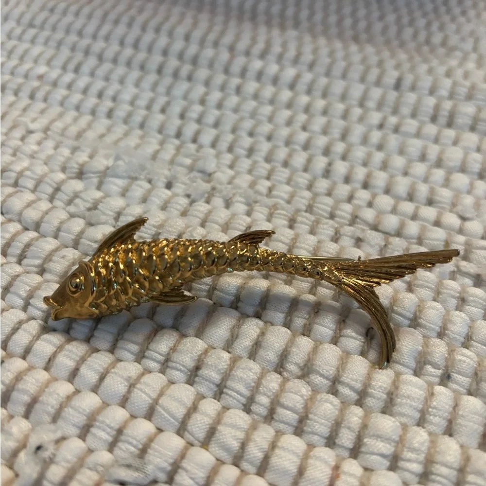 Monet Gold-Tone Long Koi Fish Figural Brooch, Signed